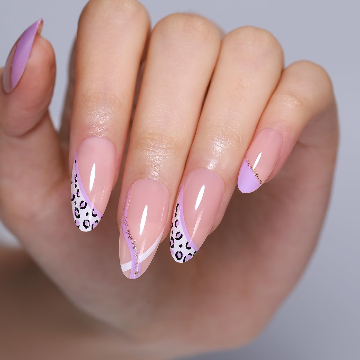 Goolich Milky Pink Press On Nails Medium Almond,Lilac Leopard French Tip Nails Press ons Set with Adhesive Tabs, 24 Pcs 12 Size Reusable Full Cover Glue on Nails for Women