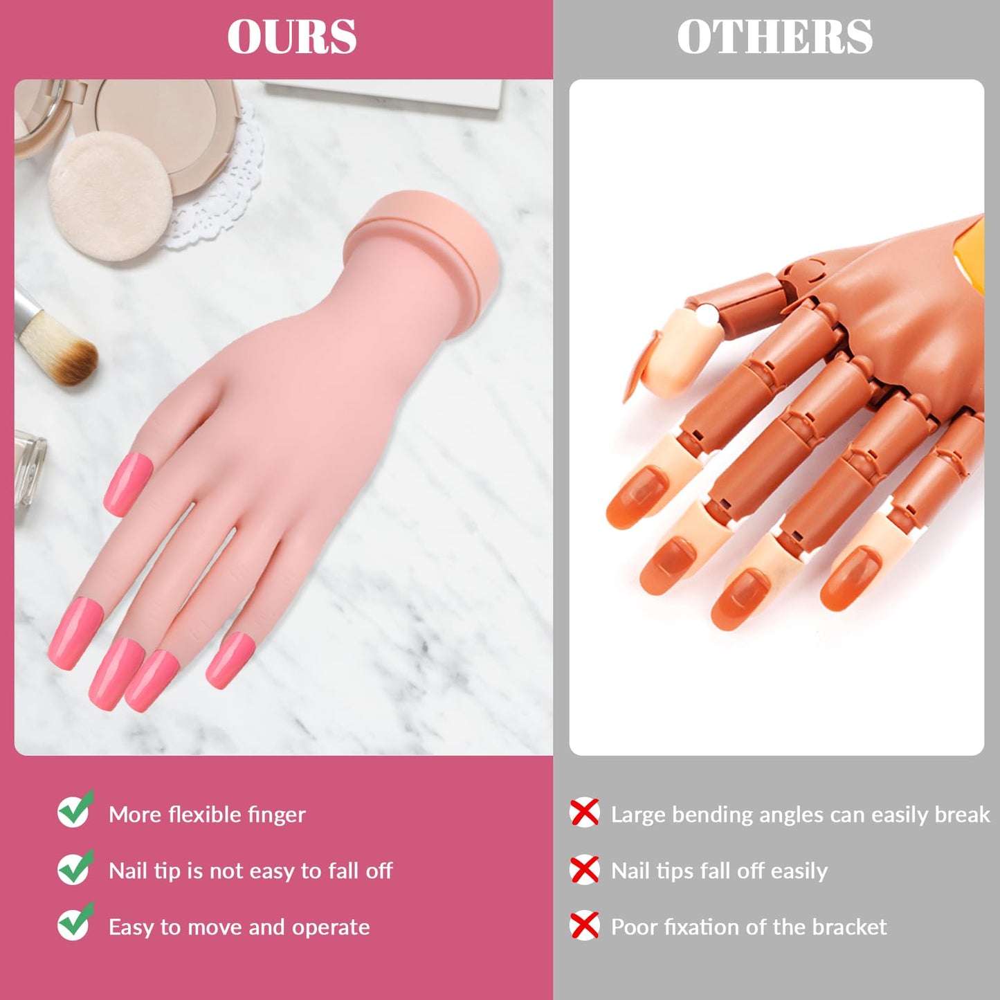 Solaradgy Practice Hand for Acrylic Nails Flexible Bending Nail Practice Hand Training Fake Hand Nail Hand Practice Tools with 100PCS Nail Tips, 120PCS Jelly Double Sided Nail Adhesives and 9PCS Brush