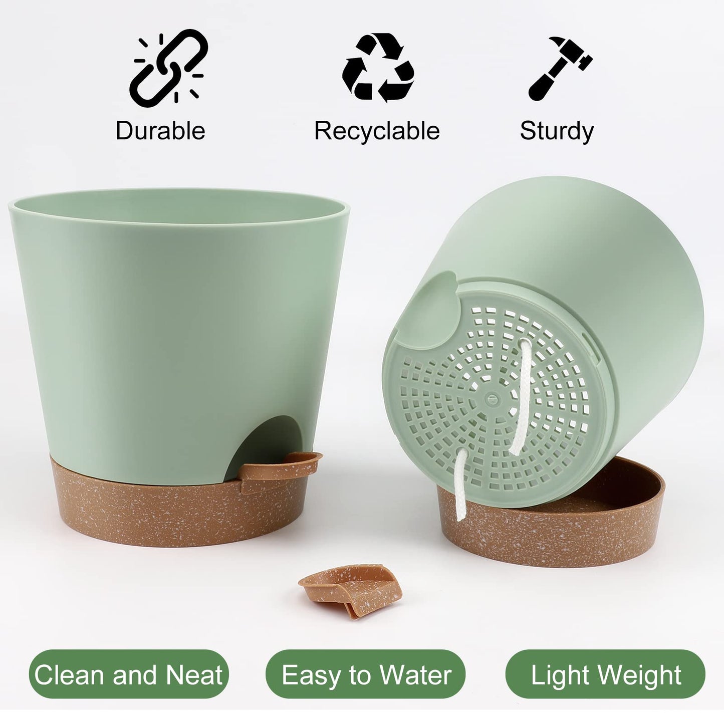 YNNICO Indoor Self Watering Planters with Drainage Holes and Saucers, 8, 7, 6.5, 6, 5.5, 5 Inches, Green, 6 Pots.