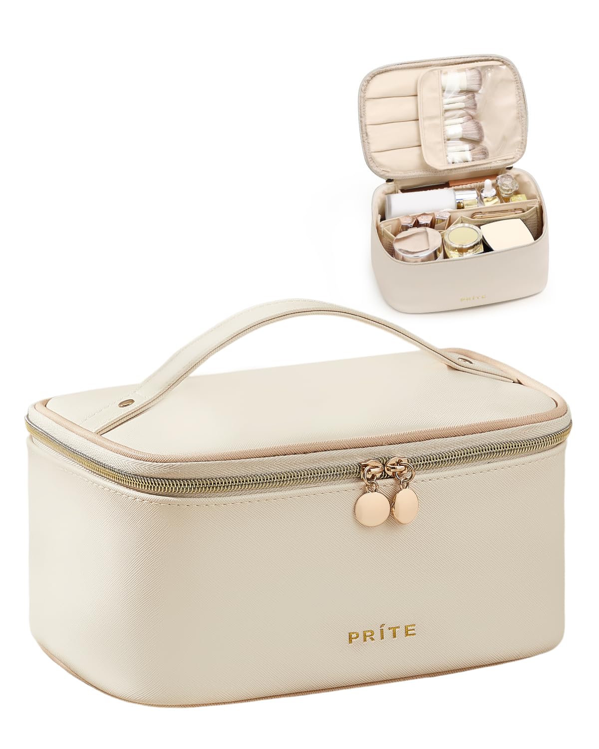 Prite Makeup Bag, Large Capacity Portable Travel Cosmetic Bag, Waterproof Makeup Organizer for Women with Handle and Divider (001 Beige)