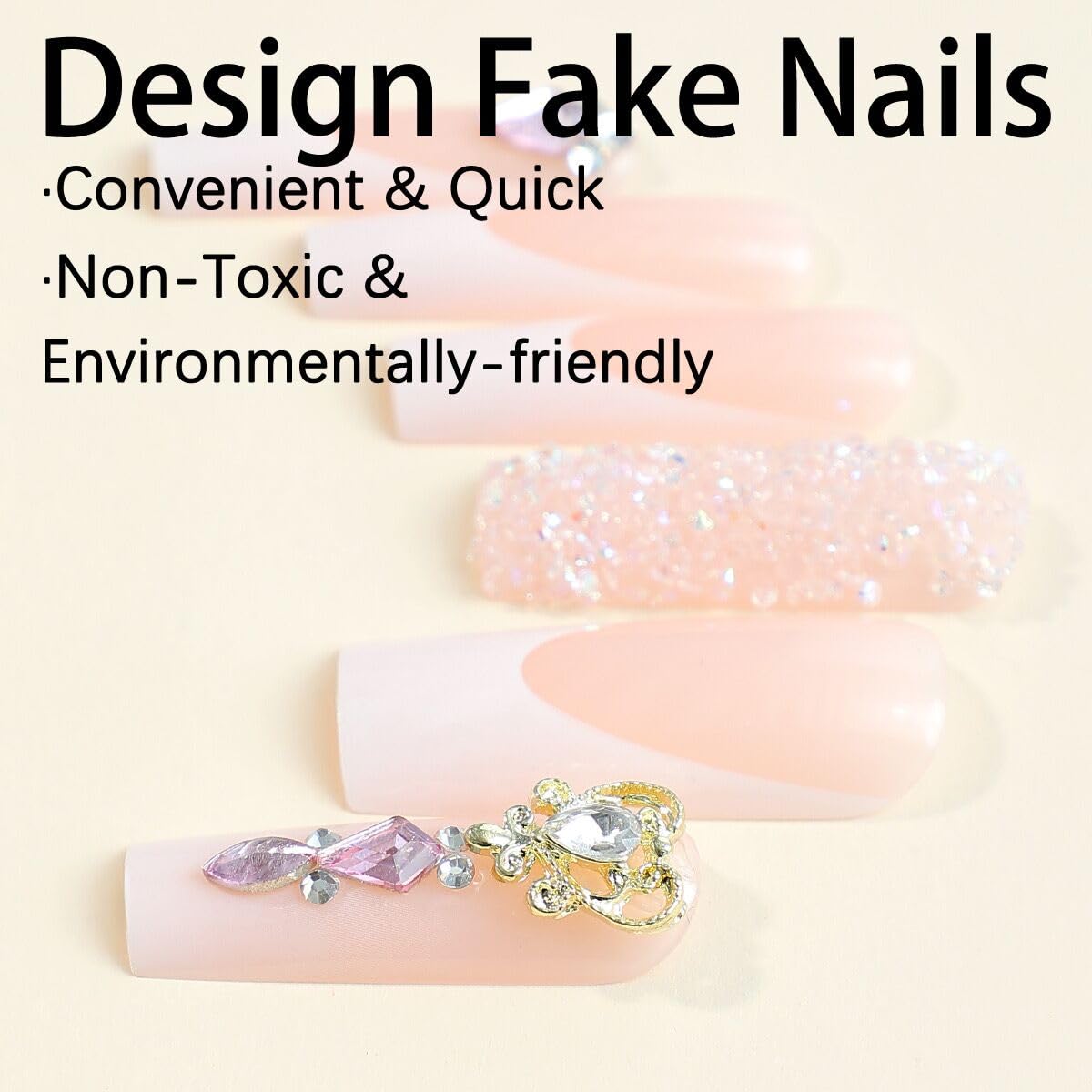 Long Press Coffin Glitter False Nails with Rhinestones Design Glue on French Tip Acrylic Glossy Full Cover Stick on Artificial Nails for Women Manicure 24Pcs