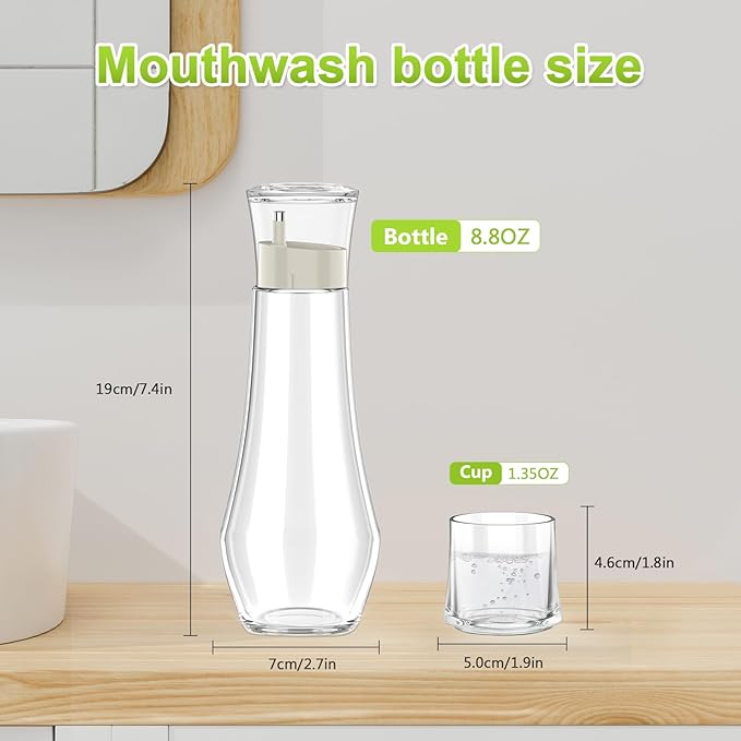 Glass Mouthwash Dispenser for Bathroom, 8.8oz Refillable Mouth Wash Container Bottle with Lid Cup, Small Clear Mouthwash Dispensers Decanter for Countertop, Set of 2