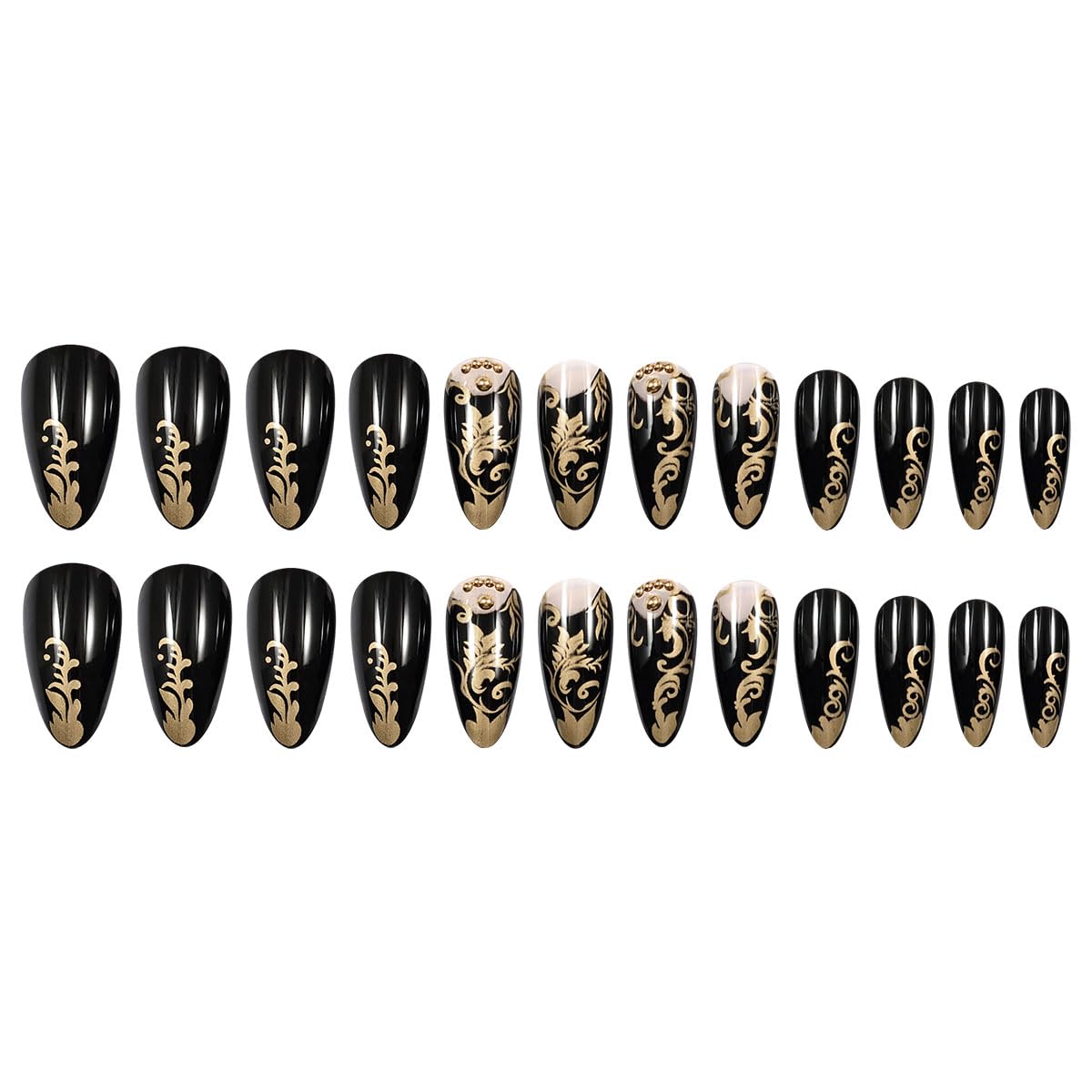 Luxurious Black and Gold Baroque 24Pcs Long Stiletto Shape, 3D Golden Filigree & Rhinestone Accents – Elegant Gothic Victorian Style False Nails, Reusable