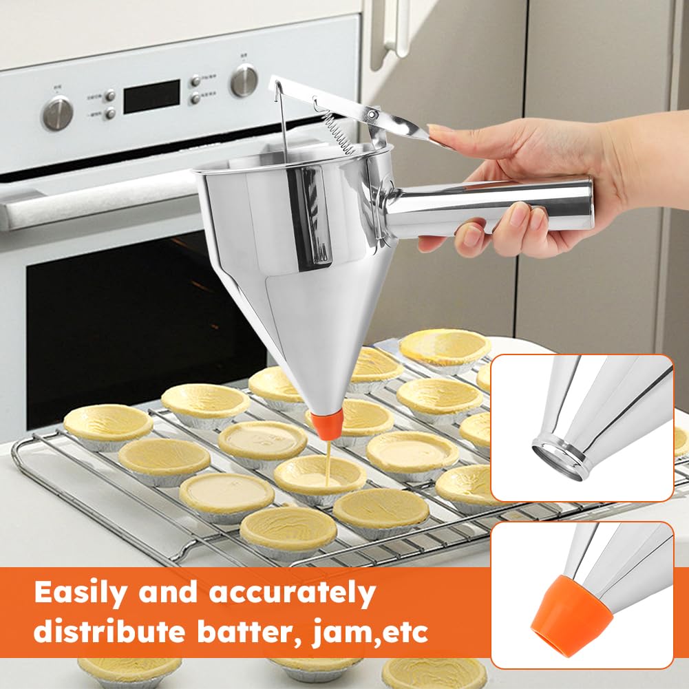 Pancake Batter Dispenser, Stainless Steel Funnel Cake Dispenser with with Squeeze Handle & Stand for Cupcakes, Pancakes, Takoyaki, Waffle and Baked Goods(Size:S,600ml)