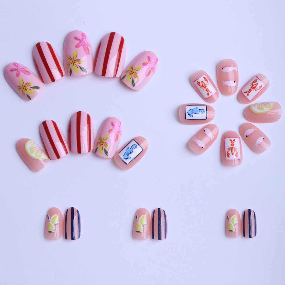 Summer Flower Press on Nails Ocean Almond Fake Nails with Shrimp & Fish Designs Starfish Full Cover Stick on Nails Red Blue Stripe Medium Length False Nails Summer Glue on Nails for Women