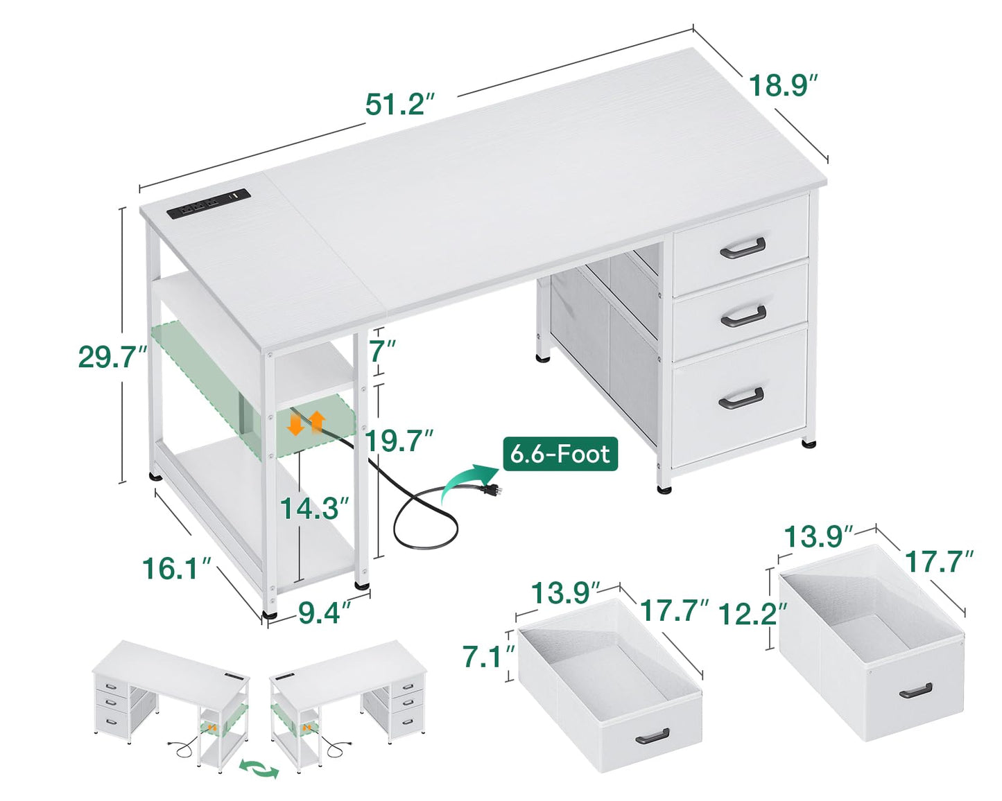 AODK 51 Inch Computer Desk with Drawers & USB Power Outlets - Reversible Home Office Desk with Storage Shelves, Work from Home, Modern Work/Writing/Study Table for Bedroom, White