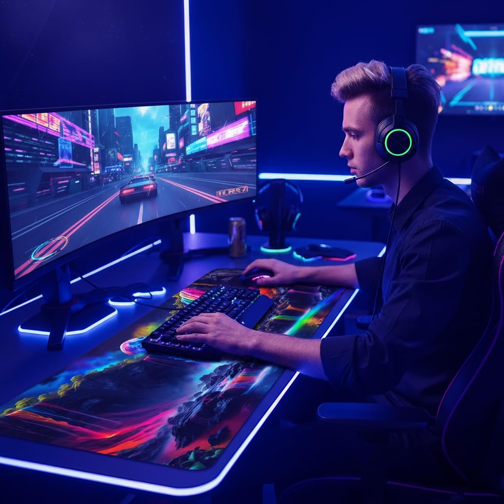 Simpkeely Large Fantasy Waterfall Gaming Mouse Pad - Blacklight Waterproof Glowing Desk Mat, 31.5" x 11.8" Extended Non-Slip Rubber Base for Office & Home