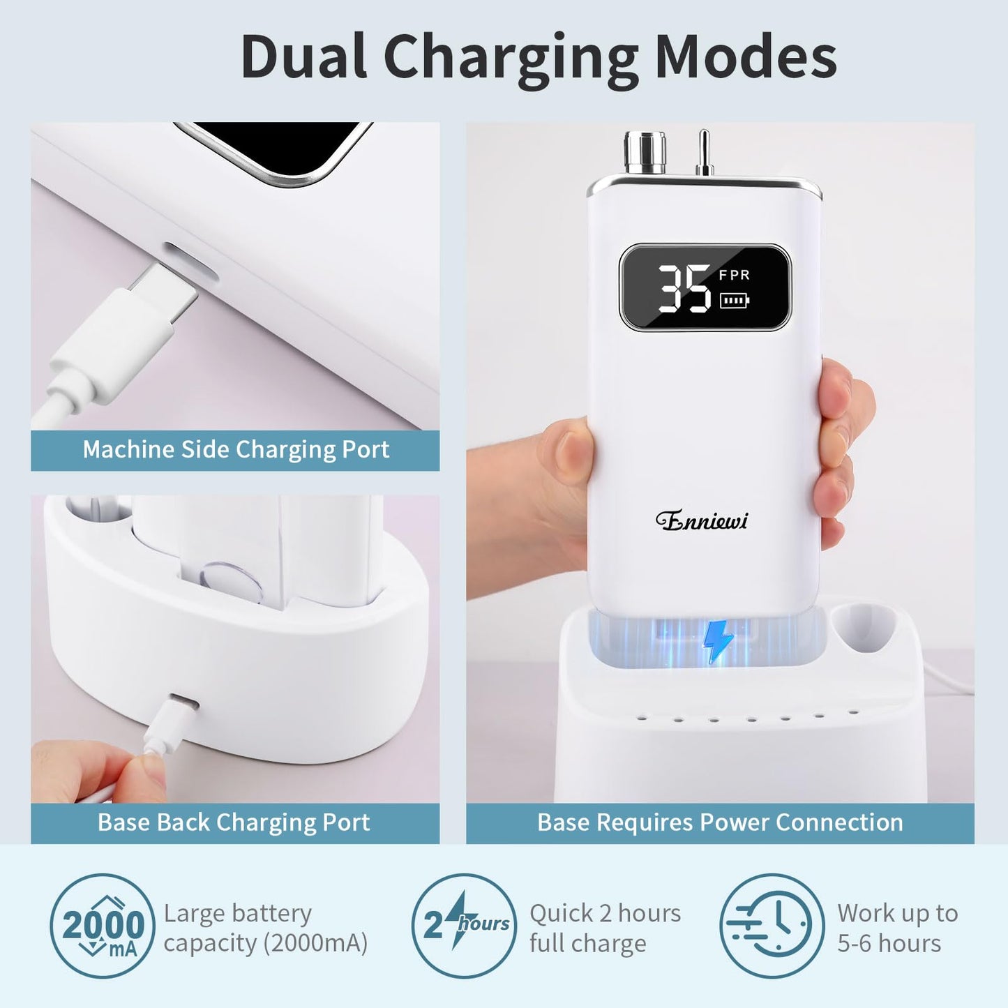Enniewi Electric Nail Drill File, Professional Portable Nails Drills Kit with Rechargeable Base 7 uñas Bits, Cordless Efile for Poly Gel Acrylic Nails Remover Home Salon Pedicure Manicure Tool, White