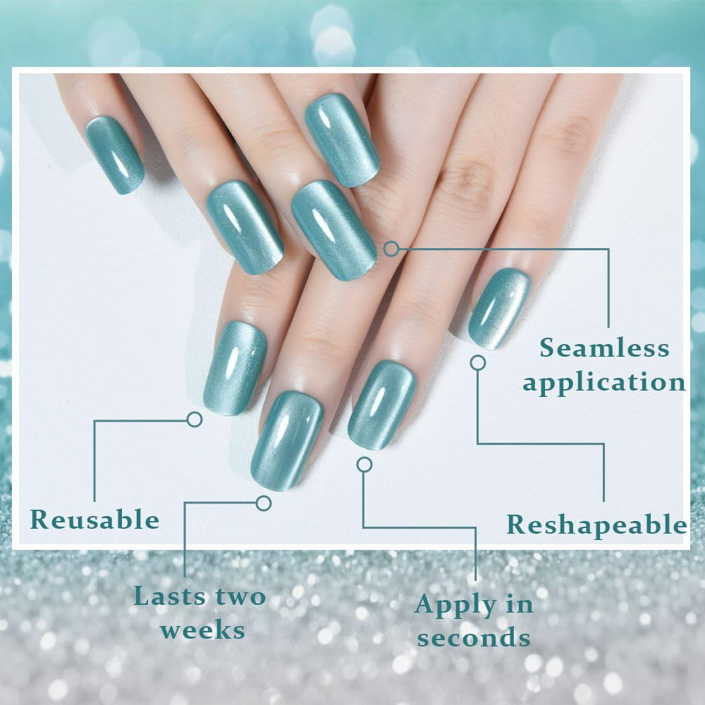 Light Cyan Cat Eye Press on Nails Medium Square, Medium Square Press Stick on Nails Chrome for Women Gift, Green Holographic Glitter Glossy Reusable Gel Acrylic Fake Nail with Designs Cateye Effect
