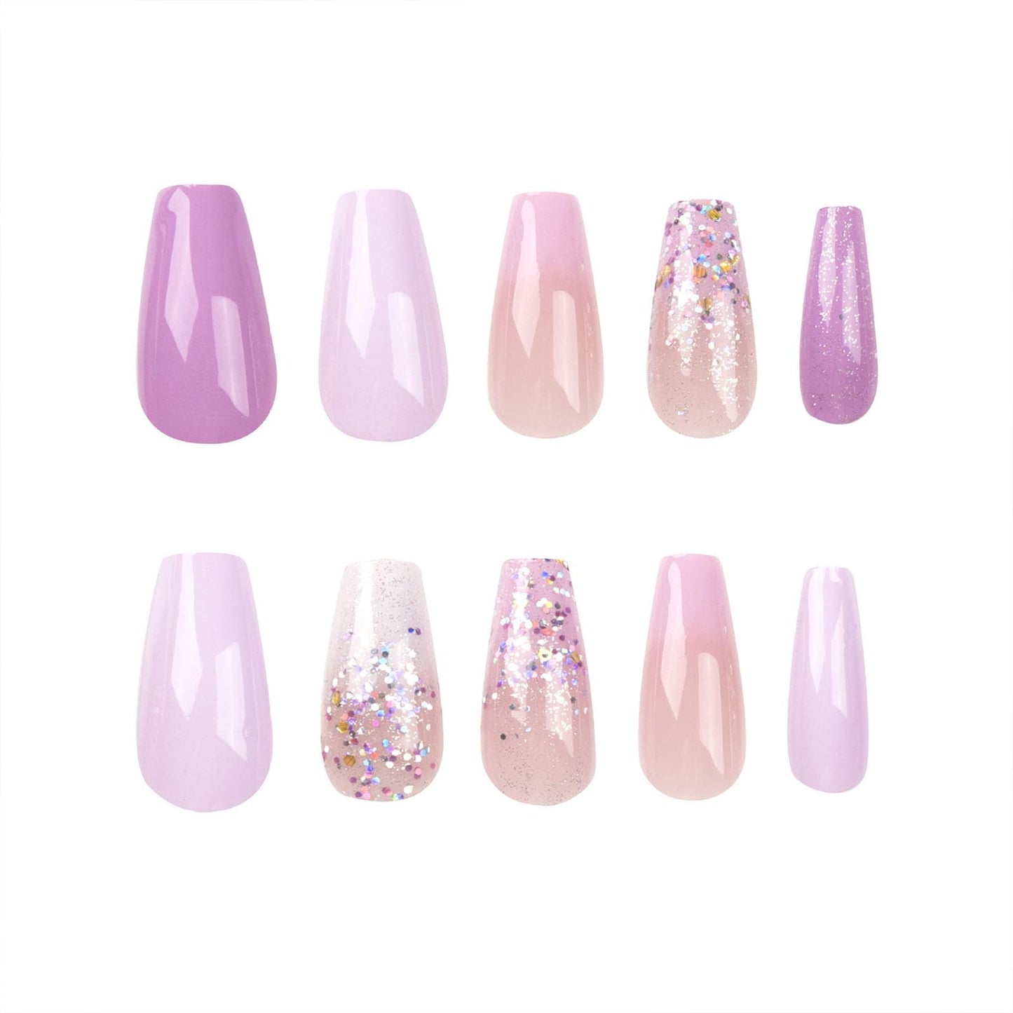 Coffin Press on Nails Medium - Purple & Pink Gradient Fake Nails Press on Nails Full Cover Glue on Nails Glitter Designs Artificial Acrylic Nails for Women 24 Pcs