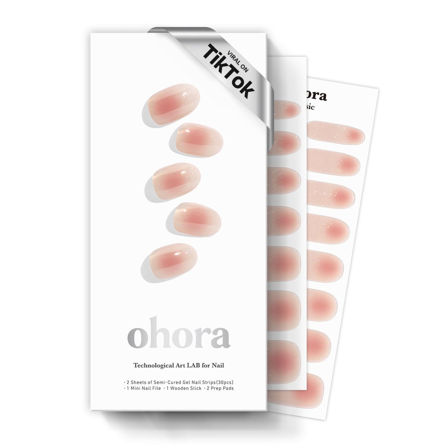 ohora Semi Cured Gel Nail Strips (N Berry Jelly) - Marble, Glitter, Pink, Works with Any Lamps, Salon-Quality, Long Lasting, Easy to Apply & Remove - Includes 2 Prep Pads, Nail File & Wooden Stick