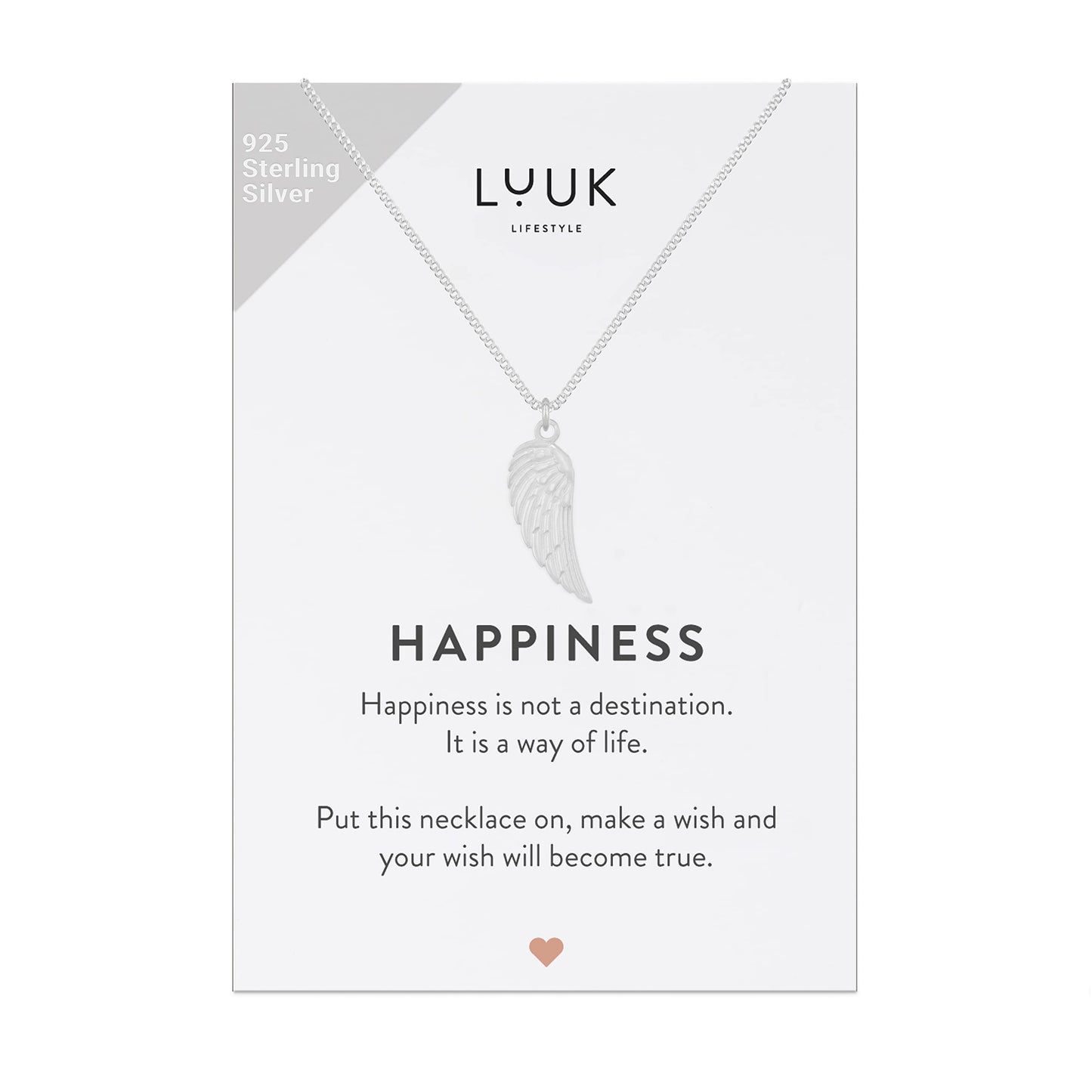 LUUK LIFESTYLE Necklace in 925 sterling silver with angel wings pendant and HAPPINESS gift card, travel lucky charm, women's jewelry, 19” chain length, women's accessories, friend, silver