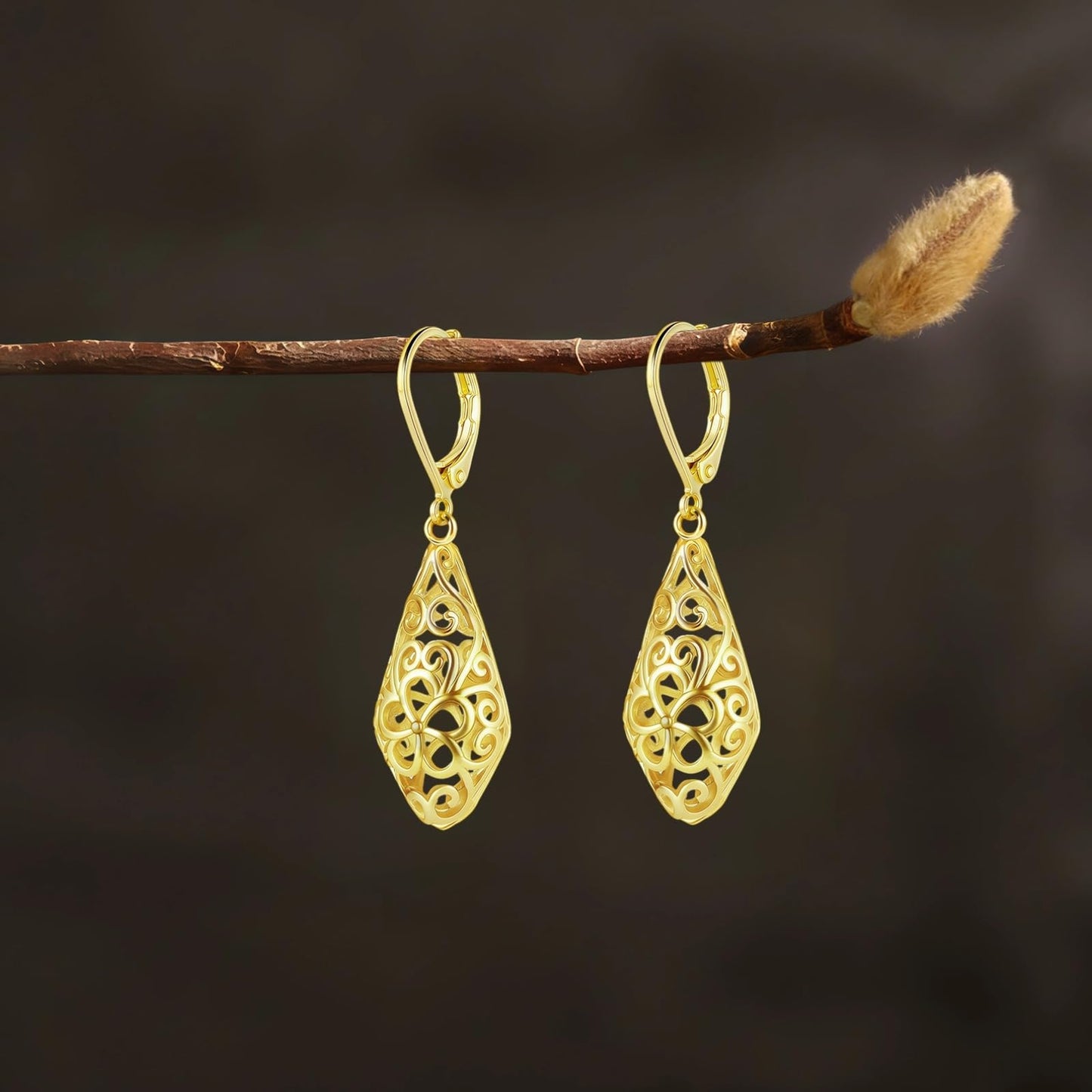Rhombic 14K Gold Dangle Earrings for Women Hypoallergenic Filigree Leverback Drop Earrings Jewelry Gifts