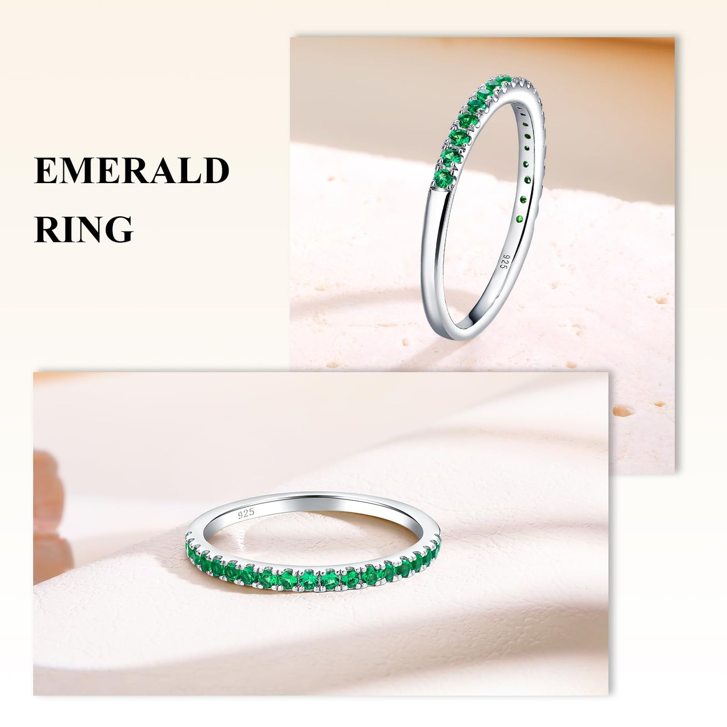 AGRULE Emerald Eternity Band Silver Wedding Rings Men Women Sterling Silver Created May Birthstone Rings 0.3 Carat Green Stone Stackable Cocktail Ring Size 10