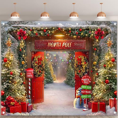 10x8ft Fabric Christmas Backdrop Winter Forest Wooden Barn Door North Pole Snowy Xmas Tree Photography Background Family Holiday Party Decor Photo Props - size: 10'x8'