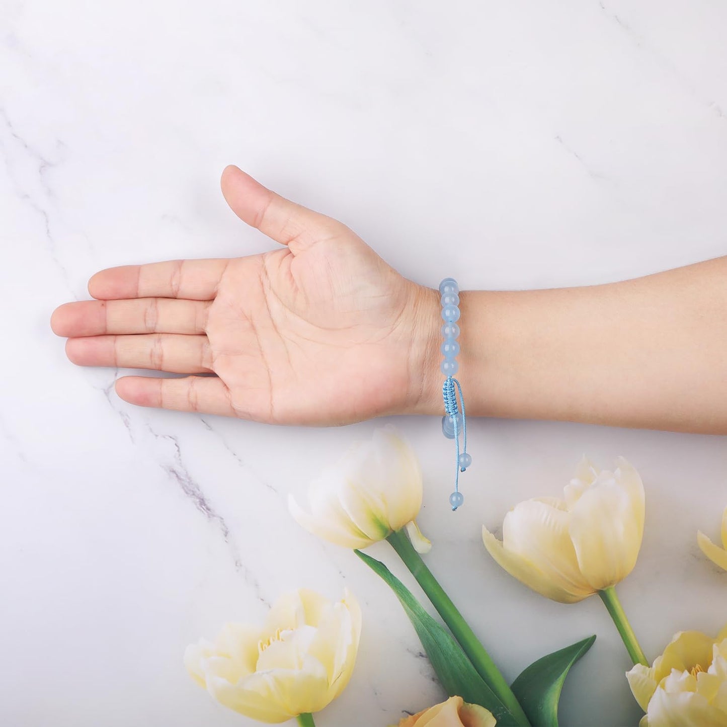 AD Beads 4mm Aquamarine Jade - Spiritual Purification - Handmade Natural Stone Crystal Bracelet with Adjustable Macrame String - Yoga Healing Power Energy Gifts for Men and Women