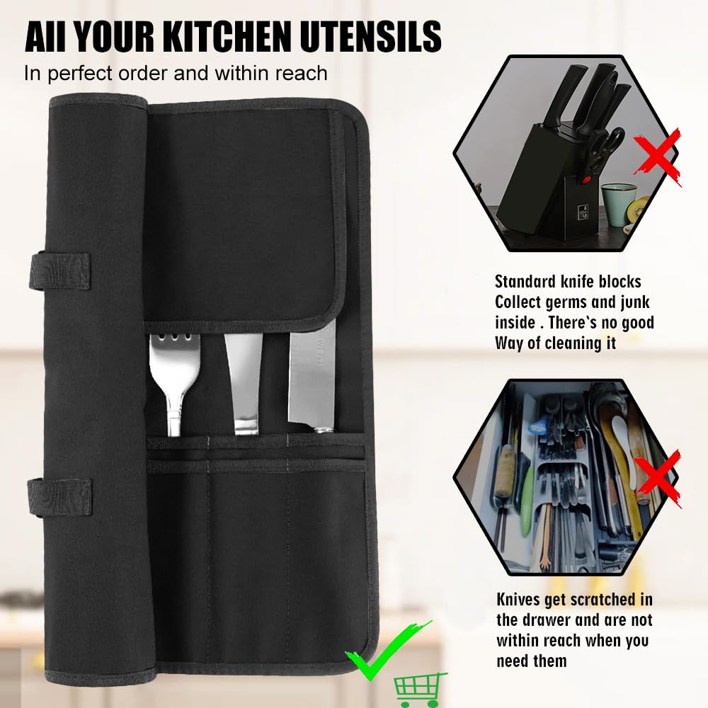Chef Knife Bag With 24 Slots Cutlery Knives Holders Protectors, Kitchen Travel Cooking Tools, Portable Canvas Knife Roll Storage Bag Chef Case for Camping or Working with an Adjustable Shoulder Strap