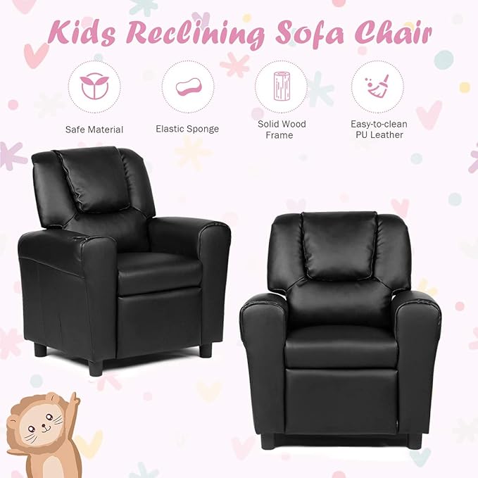 Costzon Kids Recliner Chair with Cup Holder, Toddler Furniture Children Armrest Sofa w/Headrest & Footrest for Girls Boys Baby Bedroom, Kids Room, PU Leather Kids Recliner Couch (Black)
