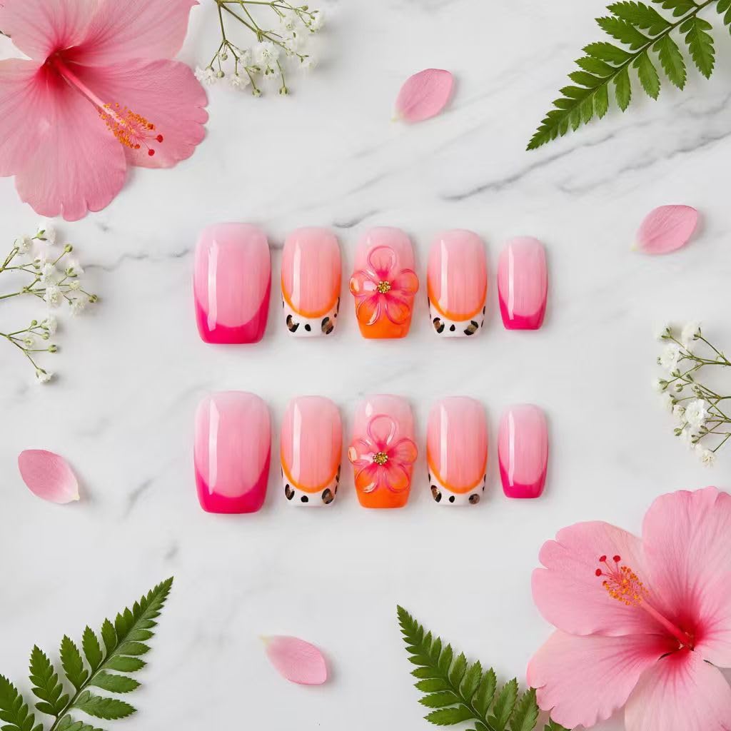 MikaJayboo Medium Handmade Press on Nails Square Pink Gradient Fake Nails with 3D Flower Leopard Print Reusable Acrylic False Nails for Women Glue on Nails for Summer Daily Party10Pcs(Size M)