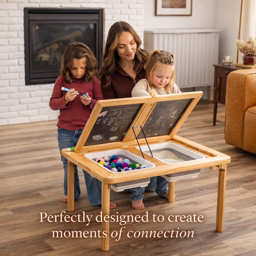 Mama Bear Educational Montessori Sensory Table & Art Easel for Kids & Toddlers | Folding Extendable Legs & Storage Bins, Magnetic Boards & Tiles, Light Box Included | Space-Saving Indoor/Outdoor Play