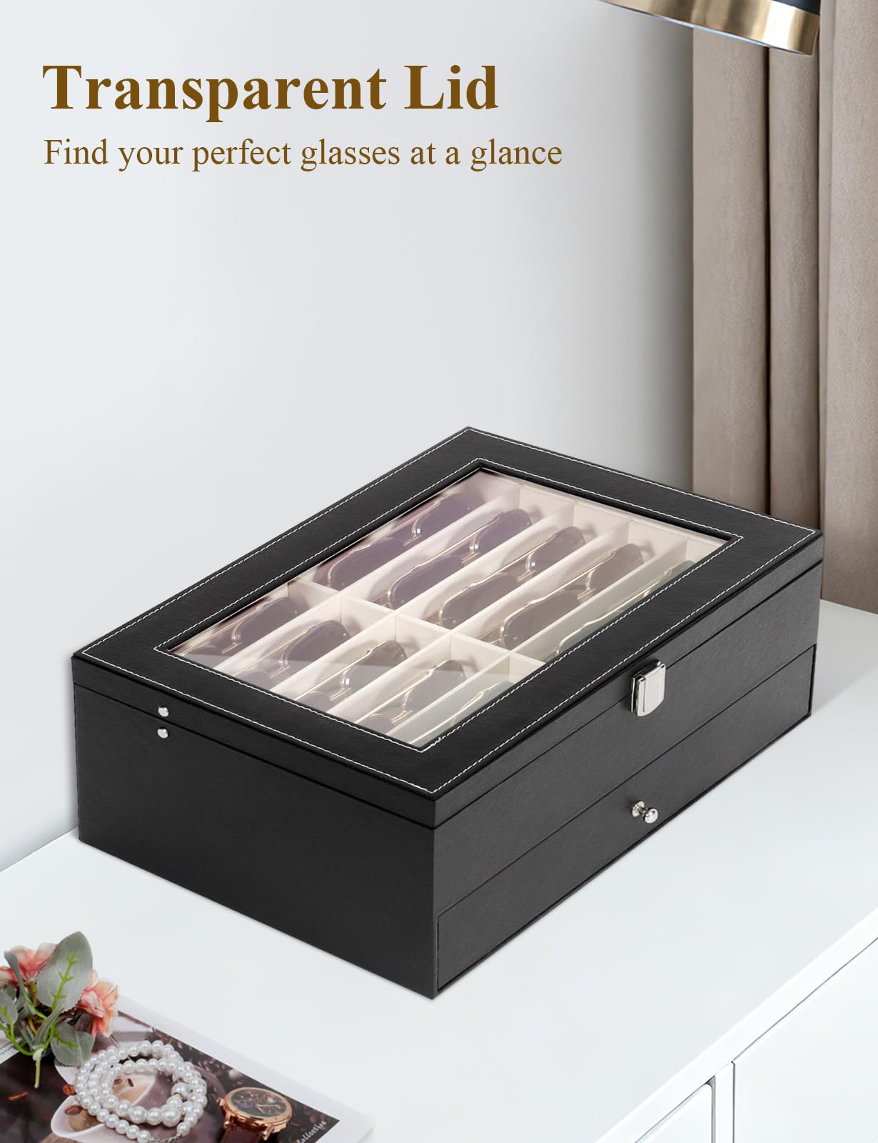 Huvon Sunglasses Storage Organizer Case with 24 Adjustable Slots, 2 Layer Multi Eyeglass Glasses Display Box with Lid Women
