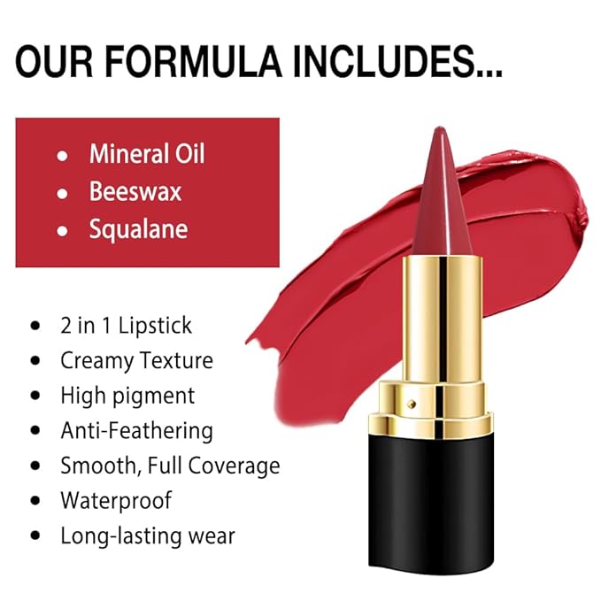 evpct Fire Red Gradient Matte Lipstick Lip Liner Crayon Combo Pencil Set for Women Long Lasting Waterproof, Red Matte Cream Lip Liner and Lipstick Combo Makeup Set, Flawless Gradual Ombre Effect