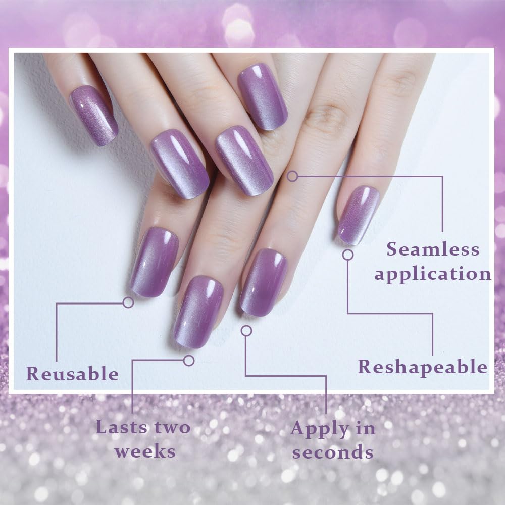 Lavender Purple Cat Eye Press on Nails Medium Square, Medium Square Press Stick on Nails Chrome for Women, Purple Holographic Glitter Glossy Reusable Gel Acrylic Fake Nail with Design Cateye Effect
