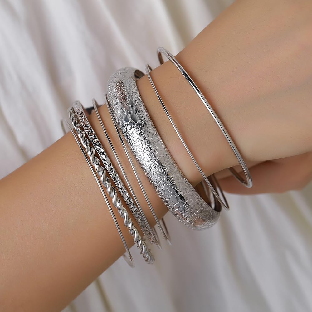 RINTOLER 10Pcs Silver Bangle Bracelets Set for Women - Chunky Silver Banlges Stackable Textured Bracelets Boho Jewelrys for Women. (J-Set 10pc Chunky)