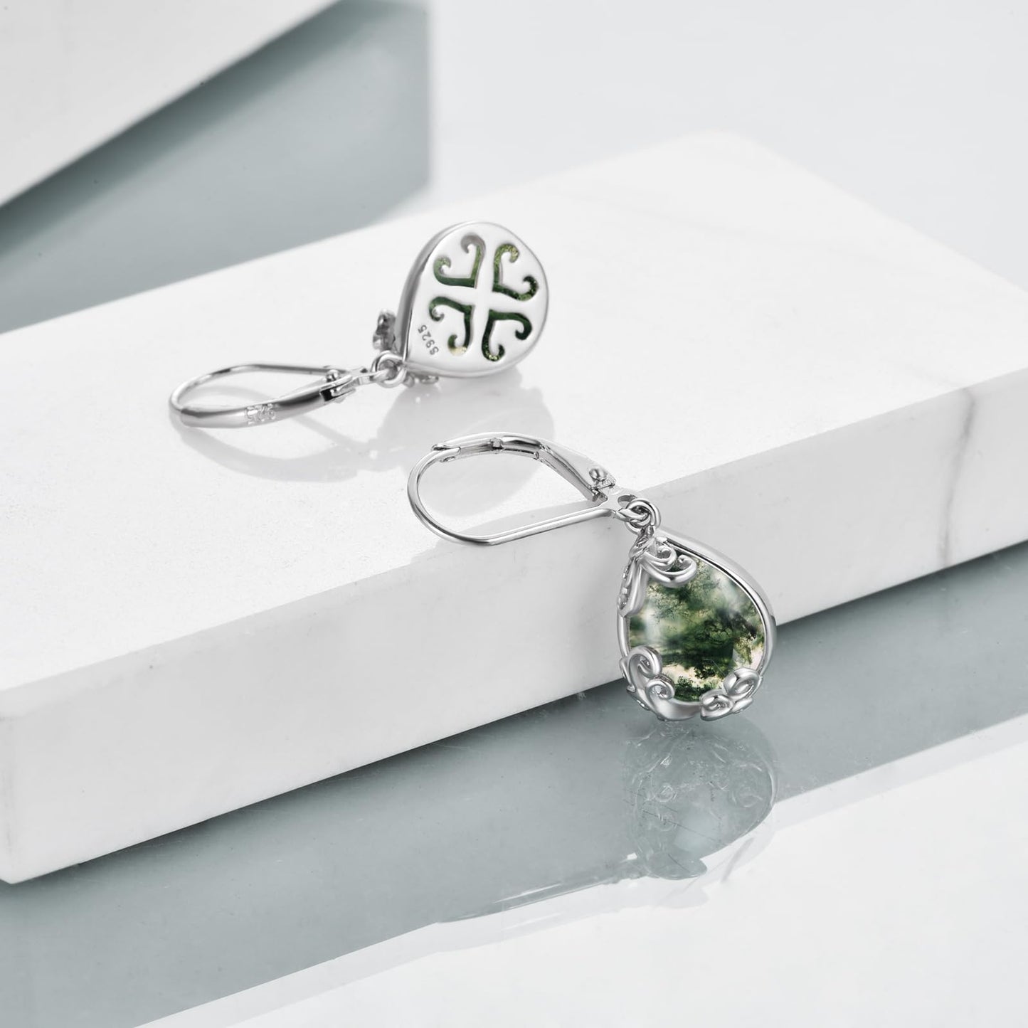 POPLYKE Moss Agate Filigree Teardrop Drop Dangle Earrings Sterling Silver Leverback Earrings Jewelry for Women