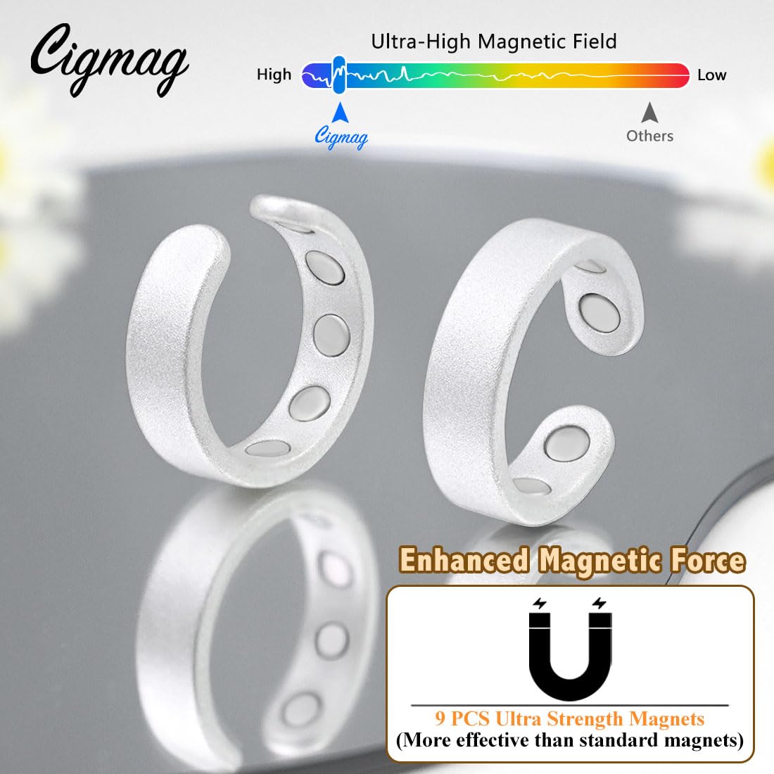Cigmag 2PCS Copper Rings for Women Men, with Powerful 9X Magnets, Adjustable Solid Pure Copper (Silver Matte)