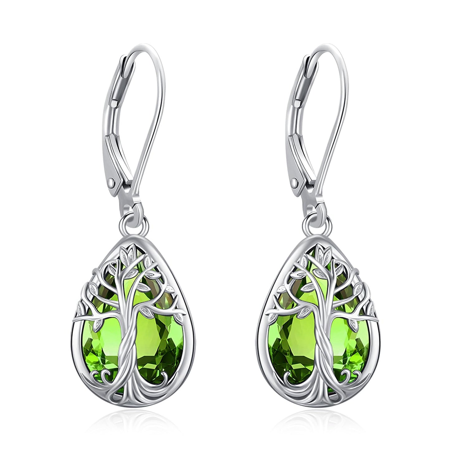 Eusense Teardrop Dangle Peridot Earrings 925 Sterling Silver Tree of Life August Birthstone Jewelry Leverback Drop Tree of Life Earrings for Women Gift
