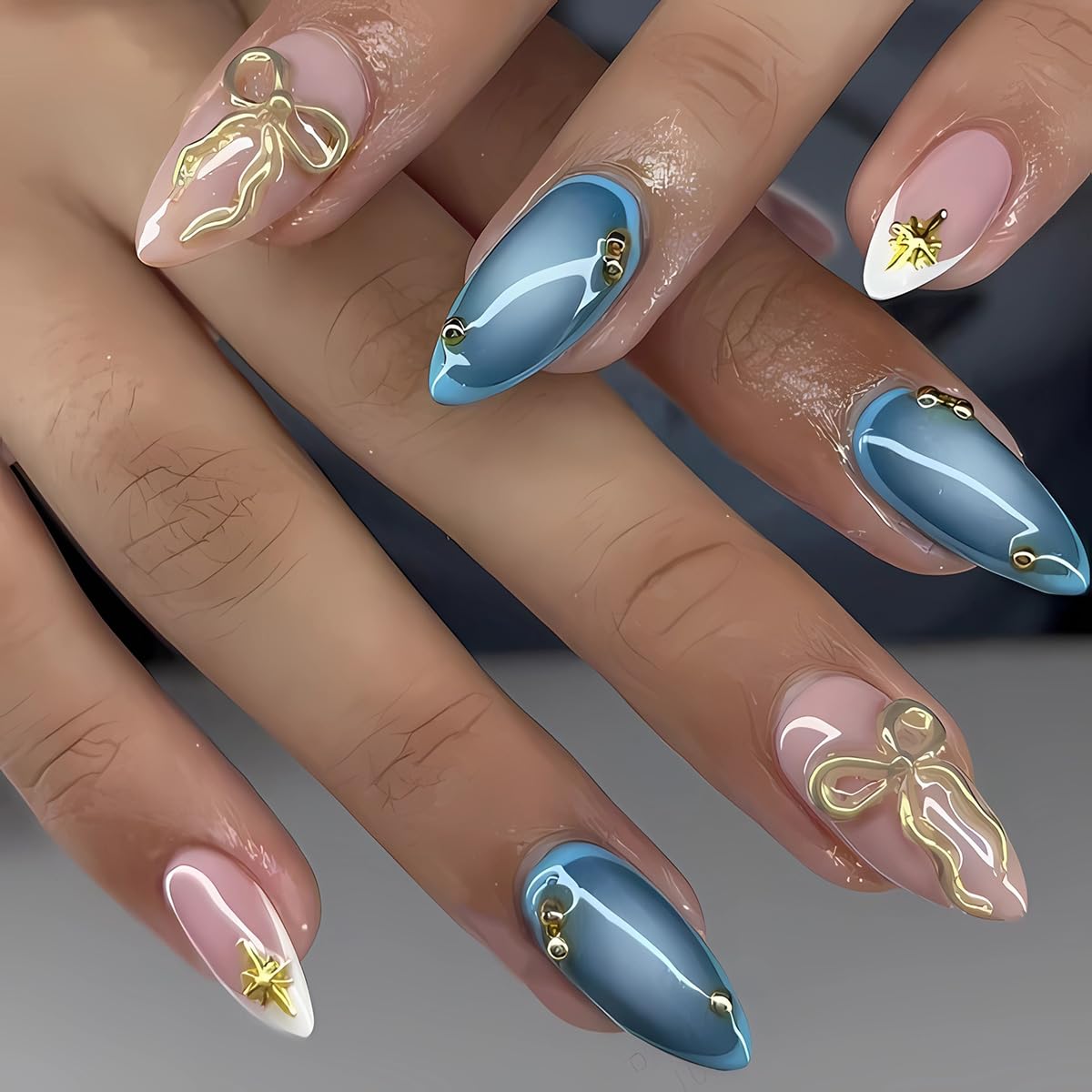 3D Gold Bow Press on Nails Glossy Blue Fake Nails Medium Almond False Nails with Star Design White French Tip Glue on Nails Full Cover Stick on Nails Cute Artificial Nails for Women Manicure 24Pcs