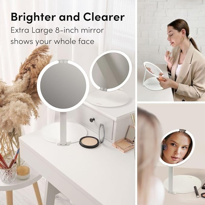 Fancii Abigail Rechargeable Travel Makeup Mirror with LED Light, 8" Foldable Stand, 3 Color Lighting Travel Mirror. Dimmable & Lightweight Portable Vanity Mirror, Beauty Travel Essential