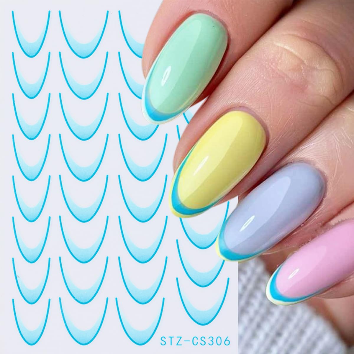 Gradient Colorful French Line Nail Art Stickers - 3D Self-Adhesive Tips Guides, Stripe Curved Lines Designs Transfer Decals for DIY Stencil Tools - 6Pcs