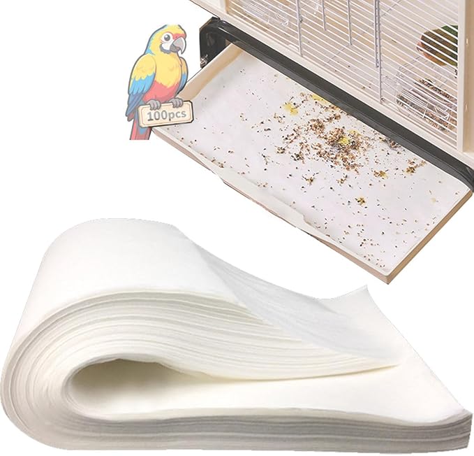 Lesimnky 100pcs Bird Cage Liner Papers,11×20in Big Size Disposable Non-Woven Cage Paper Liners Precut Absorbent Cushion Pad Mat Accessories for Pet Bird Parrot