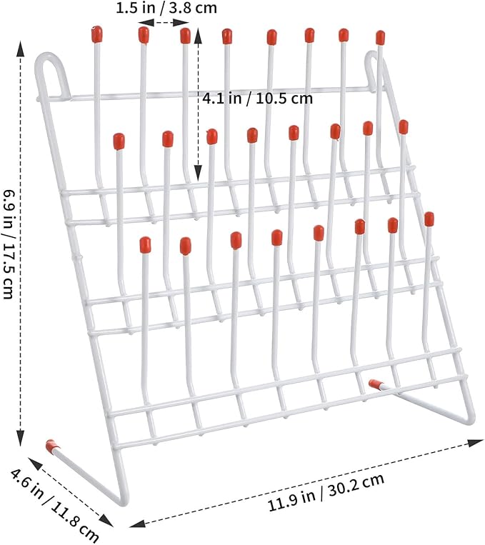 TEHAUX Lab Drying Rack, Space-Saving Lab Beaker and Tube Drying Holder with Non-Slip Red Top, Sturdy Iron Frame, 24 Pegs Vertical Drying Rack for Laboratory Glassware and Bottles (White)