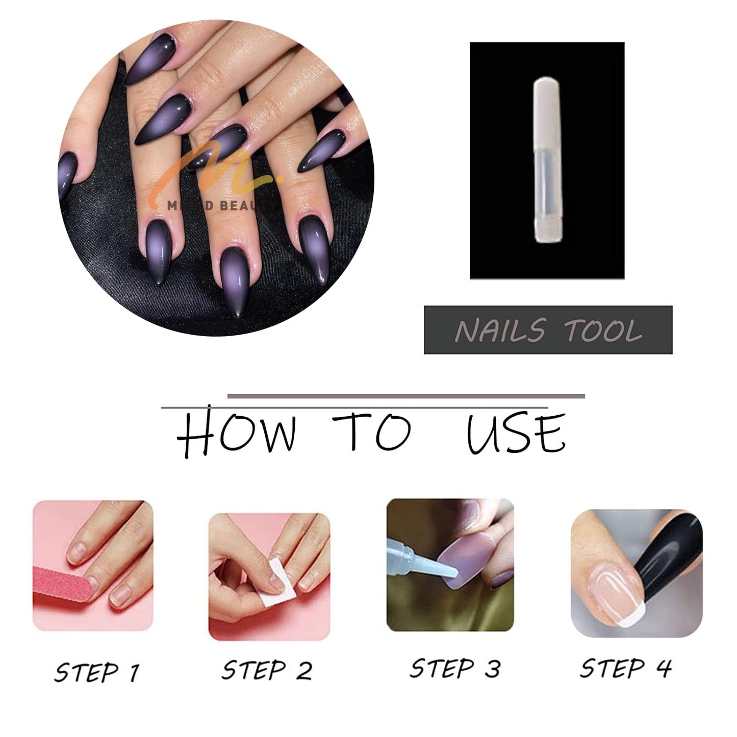 MISUD Press on Nails - Medium Almond Fake Nails with Goth Purple Black, Acrylic Gothic Design 24 pcs