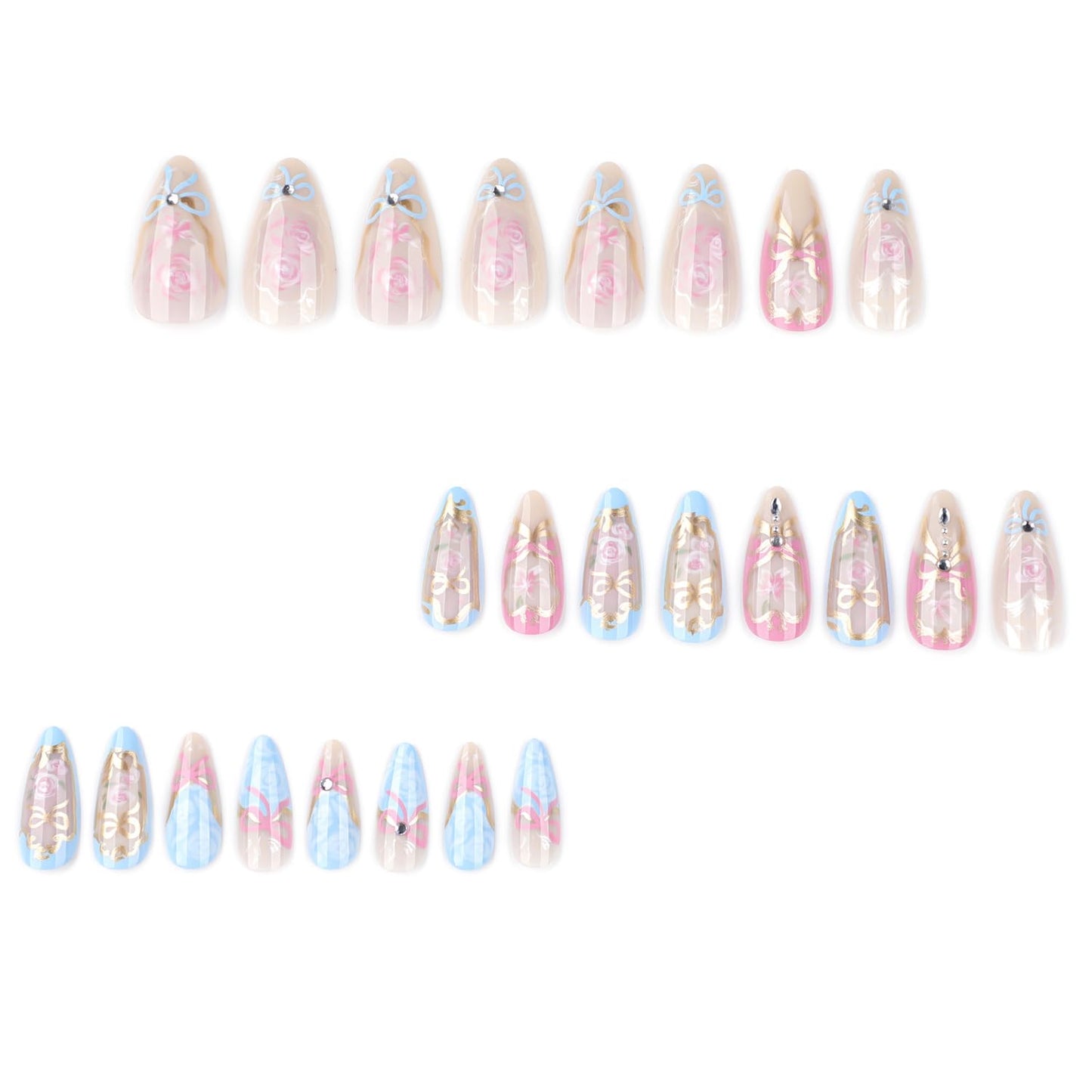 24Pcs Flower Press on Nails Medium Almond Fake Nails Pink Rose Bow Rhinestones with Heart Love Floral Designs Full Cover Reusable Artificial Cute Stick on Nails Handmade False Nails for Women