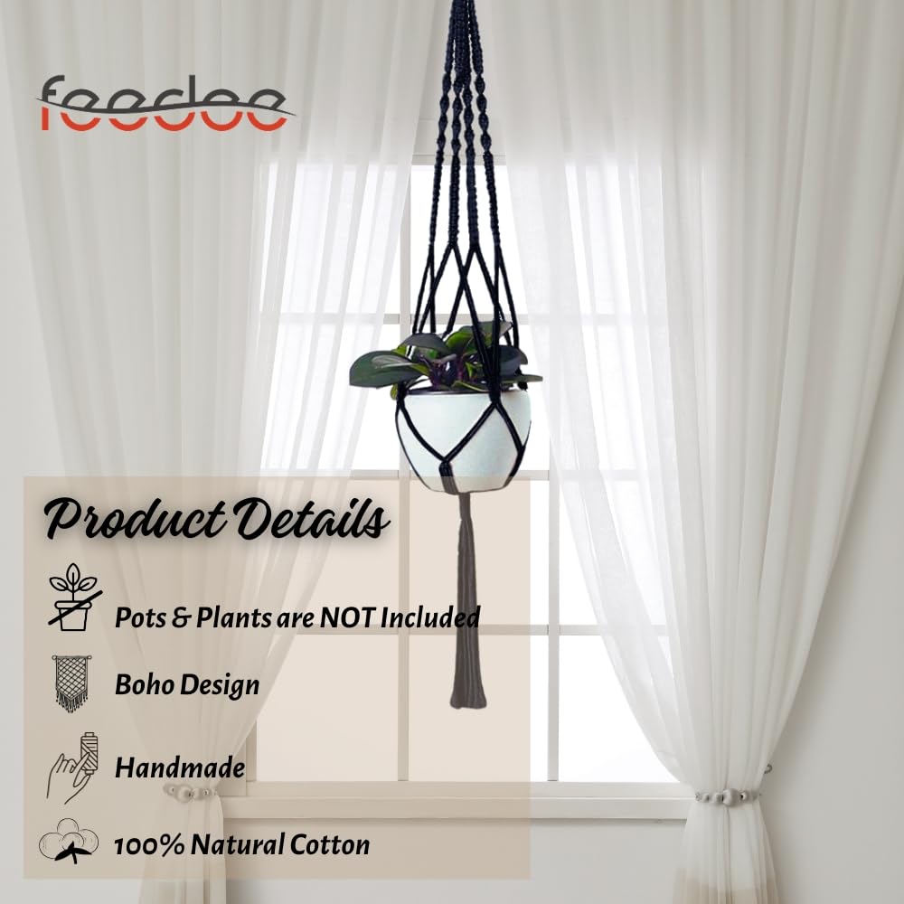 Feedee Macrame Plant Hangers - 6 Pack, Black, Indoor/Outdoor, Cotton