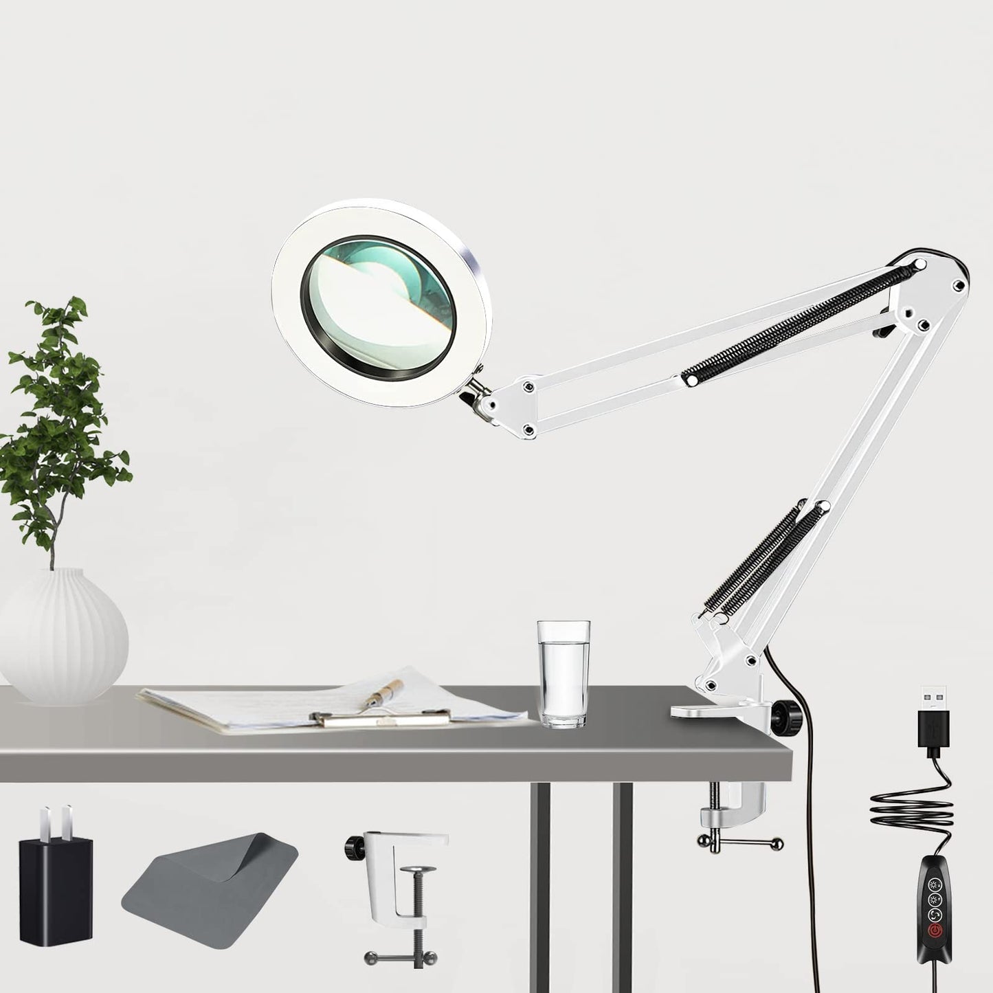 10X Magnifying Glass with Light, Adjustable Swing Arm 72 LEDs Real Glass Lens Magnifying Lamp, 3 Color Modes 10 Stepless Dimmable, Lighted Magnifier for Daily Reading Hobbies Crafts Workbench (White)