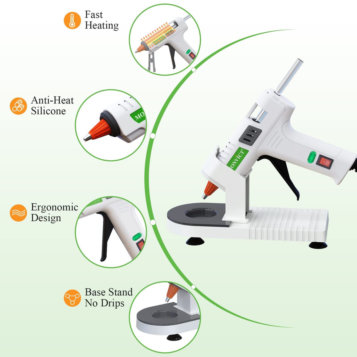 MONVICT MC-808 Hot Glue Gun Kit with Pack of 230 Mini Hot Glue Sticks, Suction Cups Stand & Anti Stick Silicone Mat, On/Off Switch Design for DIY, Crafts, Home School Project…