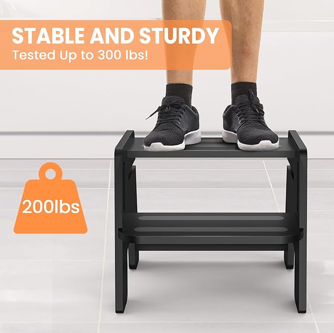 Toddler Step Stool, Wooden Height-Adjustable 2-Step Stool for Kids, Potty Training Stool with Handles for Bathroom Sink, Kitchen, Bedroom-Black