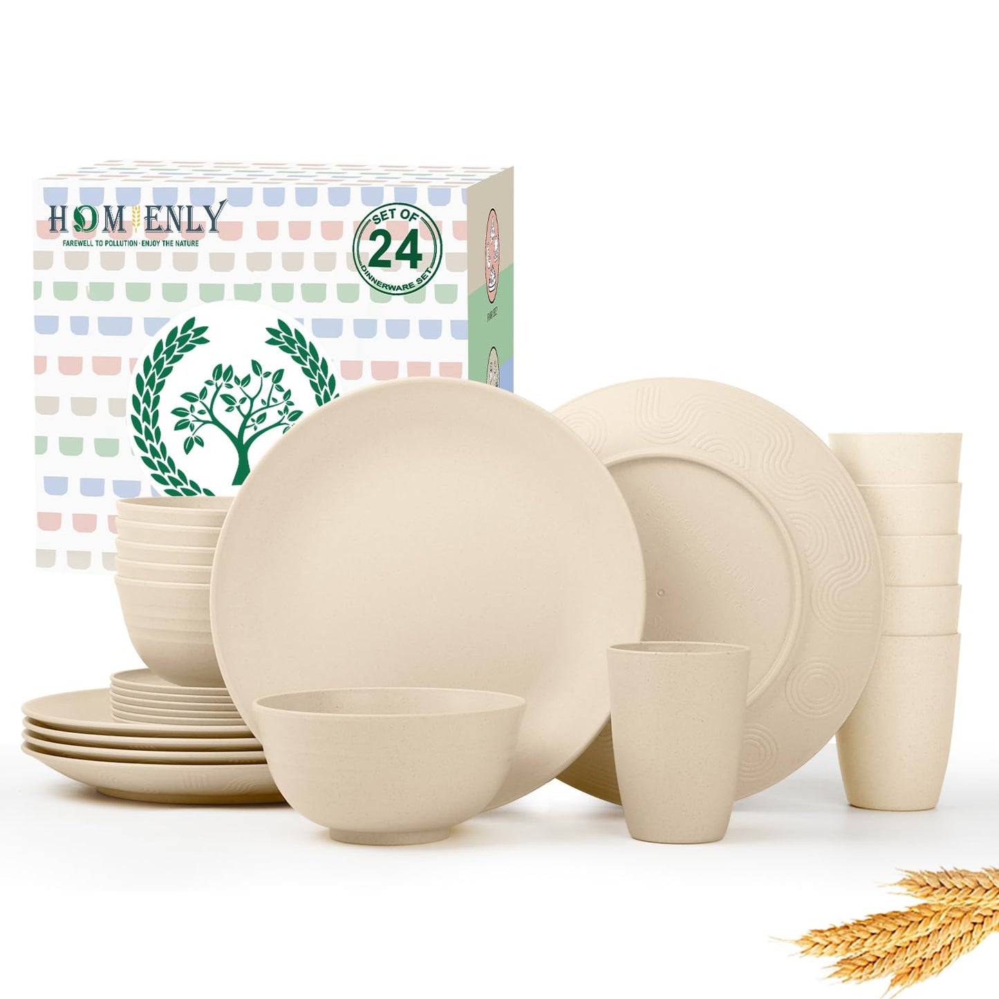 Homienly 24 PCS Premium Wheat Straw Dishes Set for 6, Reusable Plates and Bowls Sets,Cups,Lightweight & Unbreakable Dishwasher and Microwave Safe Dinnerware Sets for Kitchen,Outdoor- Beige