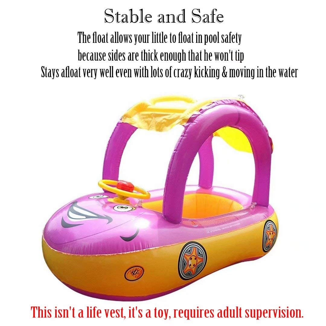 Baby Pool Float with Canopy Summer Steering Wheel Sunshade Swim Ring Car Inflatable Toys Infants Float Seat Boat for Kids Toddlers…