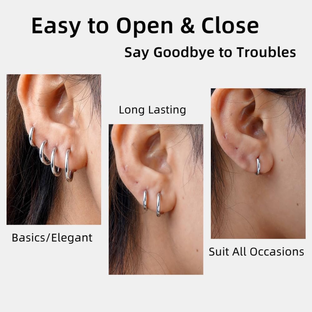 5 Pairs Small Silver Huggie Hoop Earrings Set Women Cartilage Earrings Hypoallergenic Lightweight Stainless Steel Earrings 2nd 3rd Hole Cute Multiple Piercing Stack Jewelry Trendy Gift