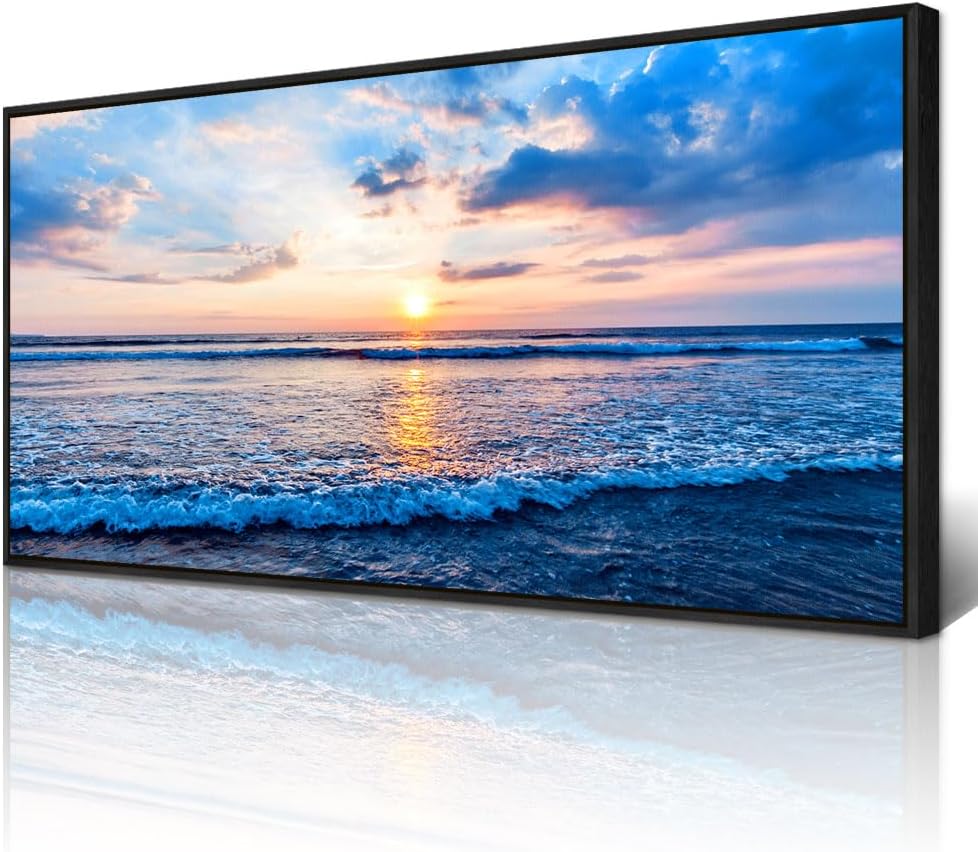 Wapluam Large Canvas Prints Wall Art For Living Room Office Wall Decor Blue Beach Sea Waves Landscape Wall Painting Bedroom Home Decorations Pictures Ready To Hang Wall Mural Black Framed Artwork
