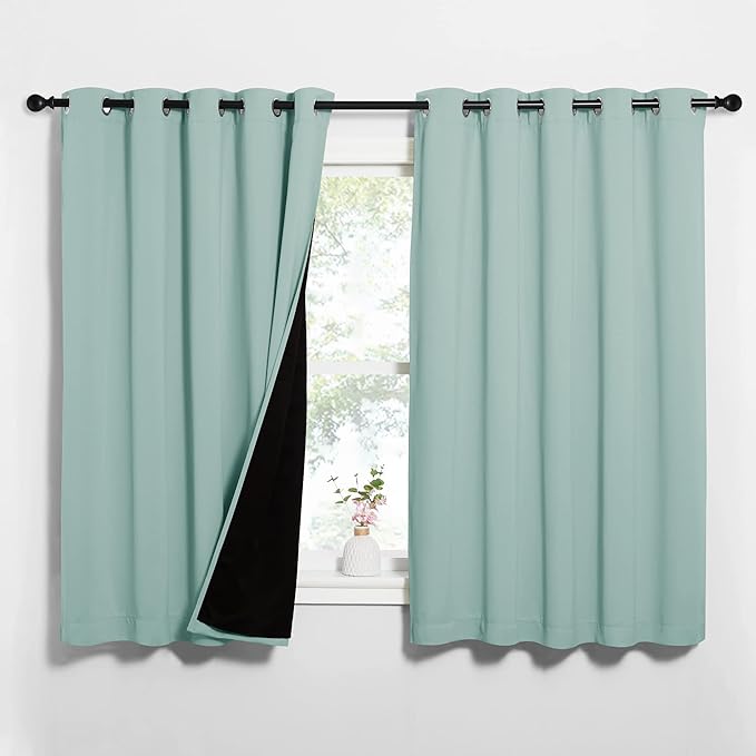NICETOWN Aqua Blue 100% Blackout Lined Curtains, 2 Thick Layers Completely Blackout Window Treatment Thermal Insulated Drapes for Kitchen/Bedroom (1 Pair, 62" Width x 63" Length Each Panel)