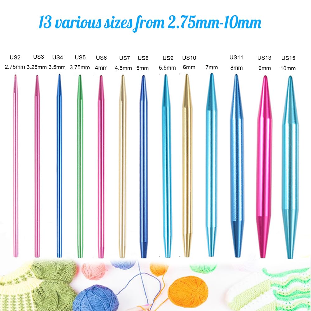 Weabetfu 60pcs Interchangeable Circular Knitting Needles Set with Case 13 Pairs of Aluminum Circular Knitting Needle for Handmade DIY Knitting with Knitting Accessories,(2.75mm-10mm)