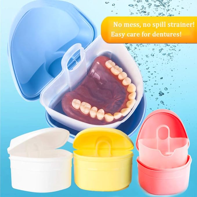 Denture Bath Box Cup, Complete Clean Care for Dentures, Clear Braces, Mouth Guard, Night Guard & Retainers,Traveling (Blue & Pink)