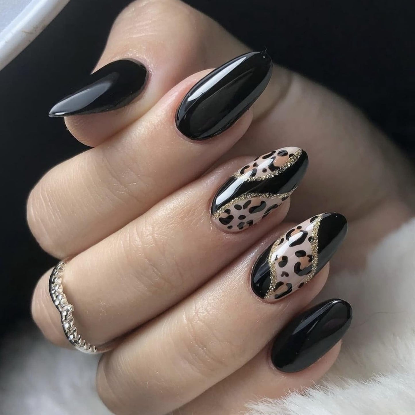 Medium Almond Press on Nails Black Fake Nails with Glitter Lines Leopard Designs Full Cover Glue on Nails Reusable Artificial Stick on Nails for Women 24 Pcs
